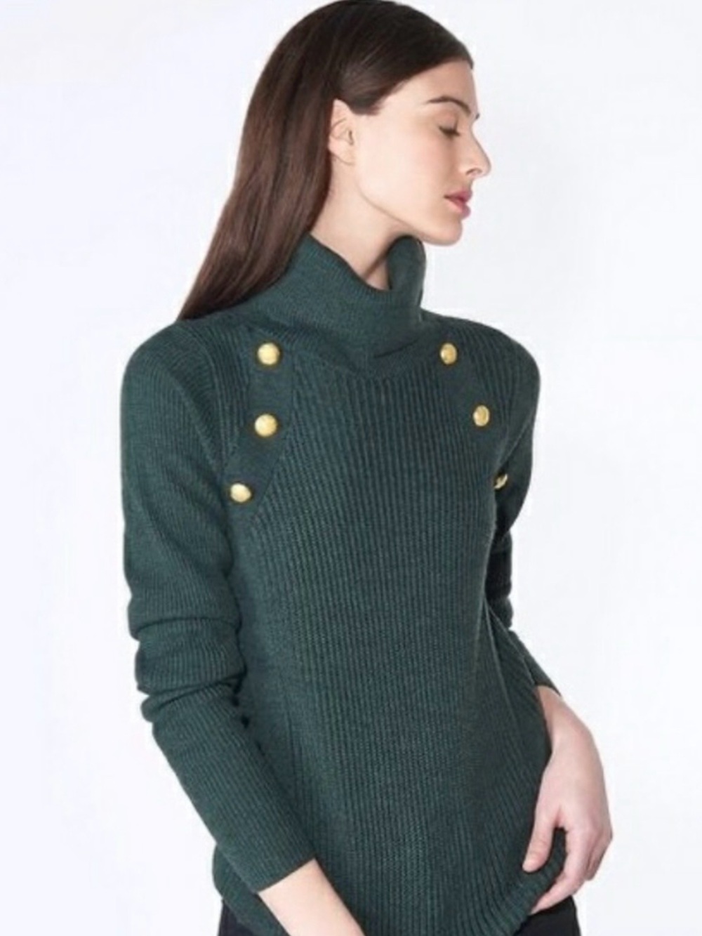 Veronica Beard Forest Green Wool Turtleneck Sweater with Gold Buttons